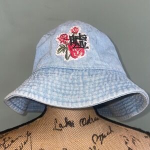 Handmade Denim Embroidered Upcycled Rose Patched Unique Bucket Hat Blue L/XL‎